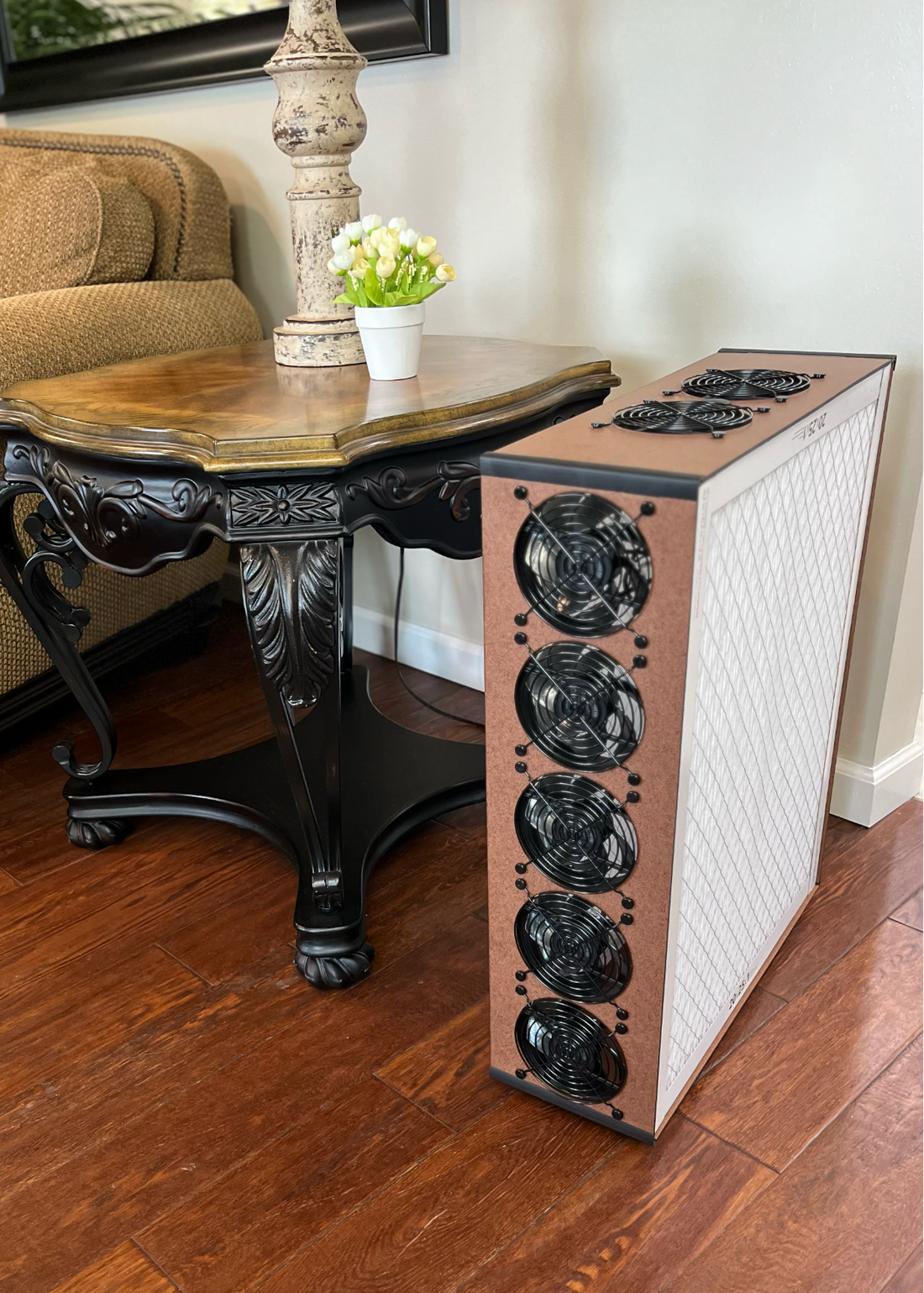 Luggable air purifier in living room - Best air purifier for pet allergies UK